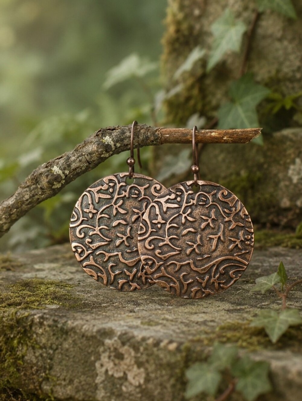 Embossed Copper Earrings Artisan Boho Botanical Garden Cottagecore Handcrafted